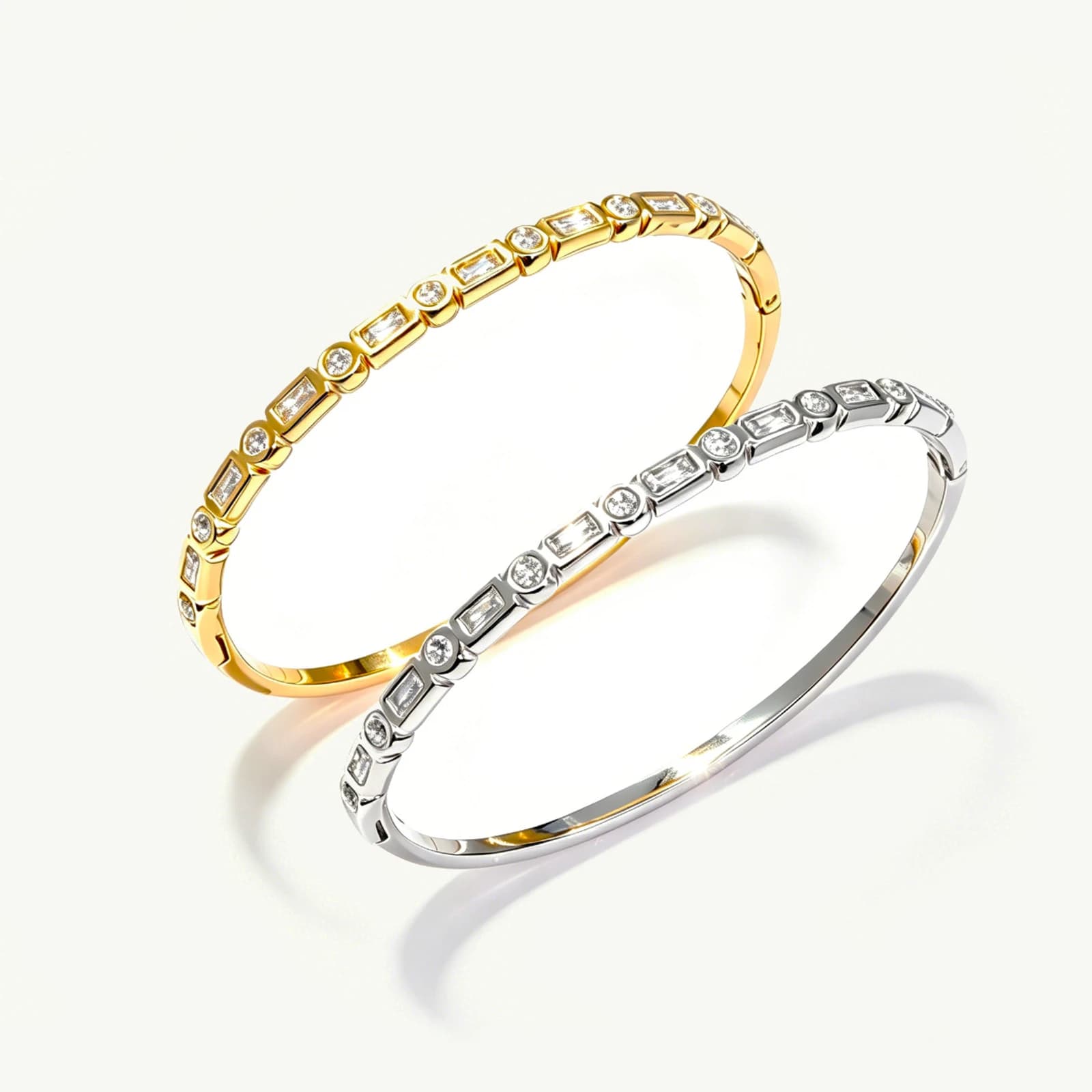 Alternating Round and Baguette Cubic Zirconia Bangle Bracelet, stainless steel